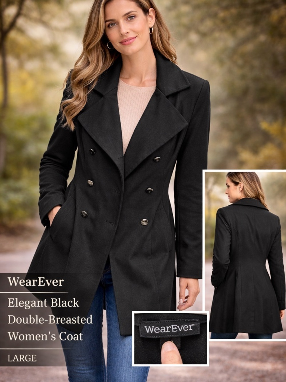 Wearever Elegant Black Double-Breasted Women's Coat LARGE